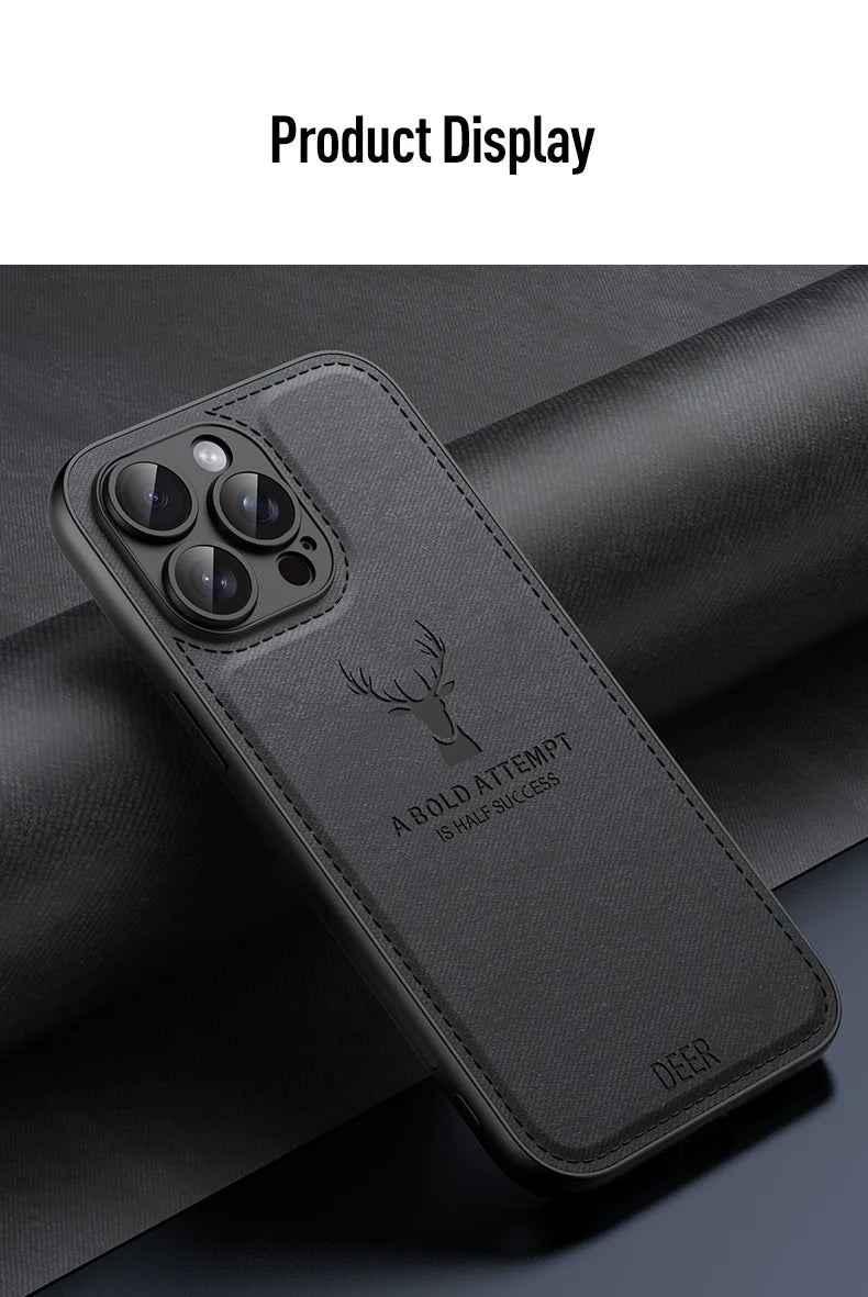 Luxury Cloth Leather Deer Head Pattern Case for iphone 15 14 13 12 11 Pro X XR XS Max 16 Plus Shockproof Soft Back Shell Cover