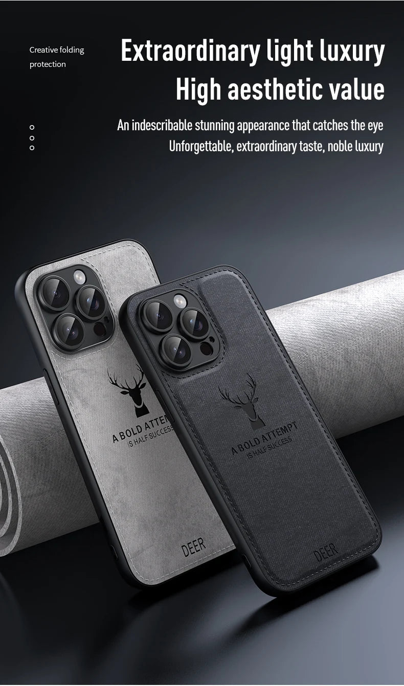 Luxury Cloth Leather Deer Head Pattern Case for iphone 15 14 13 12 11 Pro X XR XS Max 16 Plus Shockproof Soft Back Shell Cover
