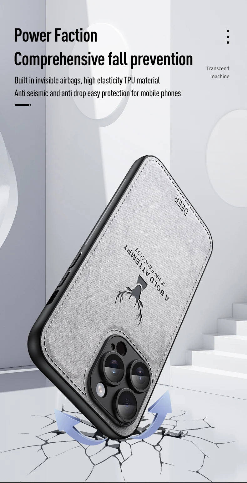 Luxury Cloth Leather Deer Head Pattern Case for iphone 15 14 13 12 11 Pro X XR XS Max 16 Plus Shockproof Soft Back Shell Cover