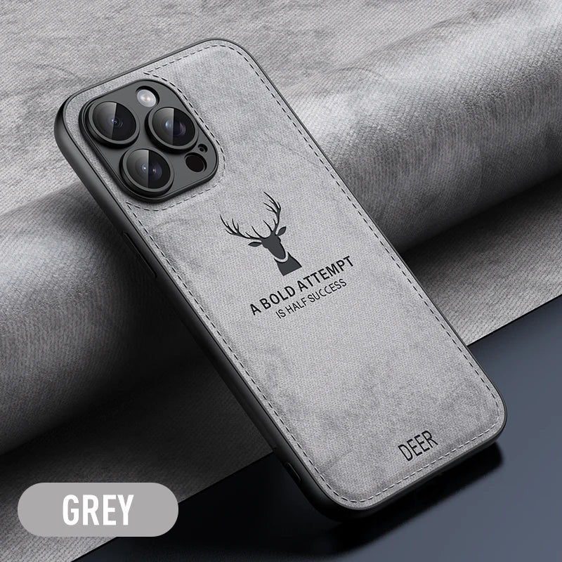 Luxury Cloth Leather Deer Head Pattern Case for iphone 15 14 13 12 11 Pro X XR XS Max 16 Plus Shockproof Soft Back Shell Cover