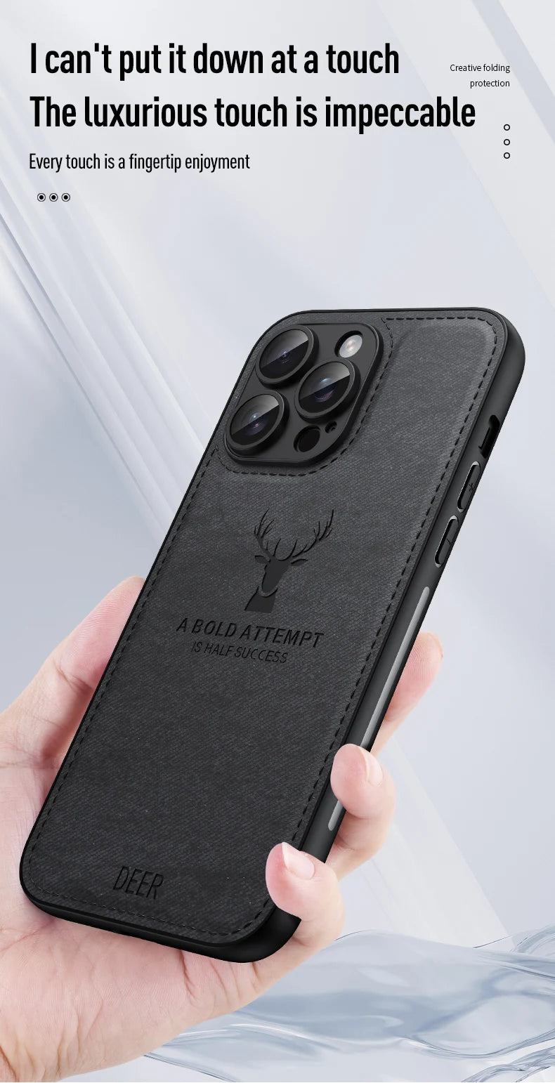Luxury Cloth Leather Deer Head Pattern Case for iphone 15 14 13 12 11 Pro X XR XS Max 16 Plus Shockproof Soft Back Shell Cover