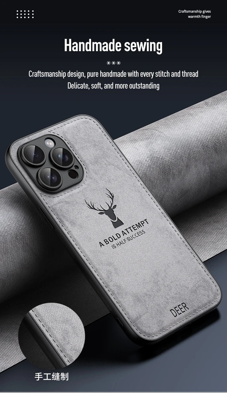 Luxury Cloth Leather Deer Head Pattern Case for iphone 15 14 13 12 11 Pro X XR XS Max 16 Plus Shockproof Soft Back Shell Cover
