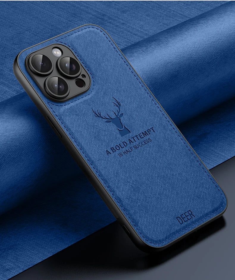 Luxury Cloth Leather Deer Head Pattern Case for iphone 15 14 13 12 11 Pro X XR XS Max 16 Plus Shockproof Soft Back Shell Cover