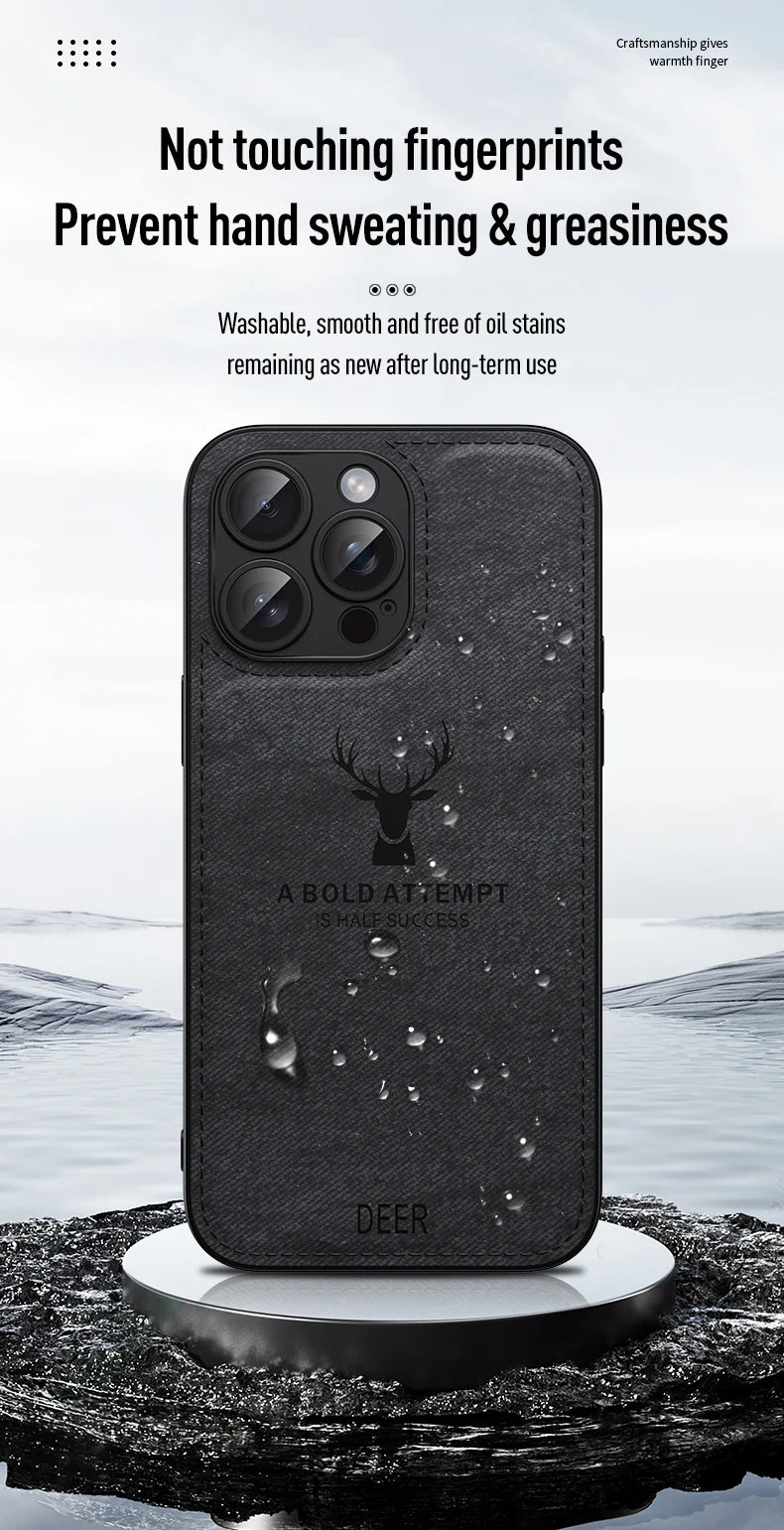 Luxury Cloth Leather Deer Head Pattern Case for iphone 15 14 13 12 11 Pro X XR XS Max 16 Plus Shockproof Soft Back Shell Cover