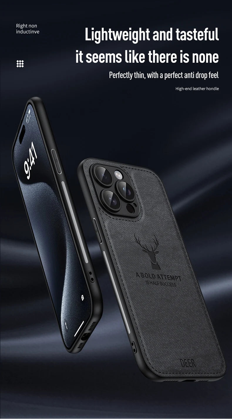 Luxury Cloth Leather Deer Head Pattern Case for iphone 15 14 13 12 11 Pro X XR XS Max 16 Plus Shockproof Soft Back Shell Cover
