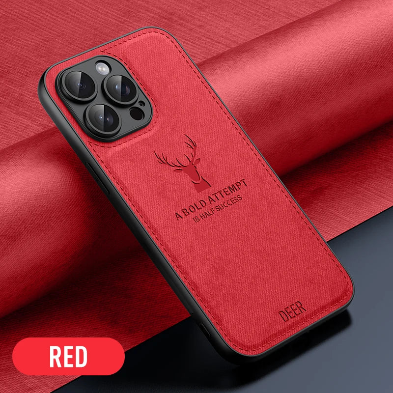 Luxury Cloth Leather Deer Head Pattern Case for iphone 15 14 13 12 11 Pro X XR XS Max 16 Plus Shockproof Soft Back Shell Cover