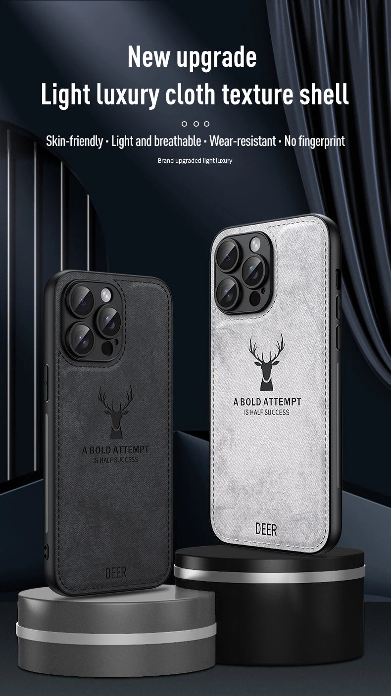 Luxury Cloth Leather Deer Head Pattern Case for iphone 15 14 13 12 11 Pro X XR XS Max 16 Plus Shockproof Soft Back Shell Cover