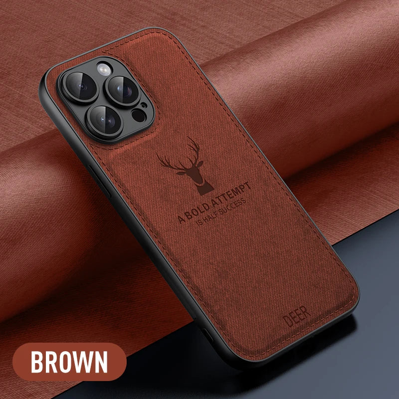Luxury Cloth Leather Deer Head Pattern Case for iphone 15 14 13 12 11 Pro X XR XS Max 16 Plus Shockproof Soft Back Shell Cover
