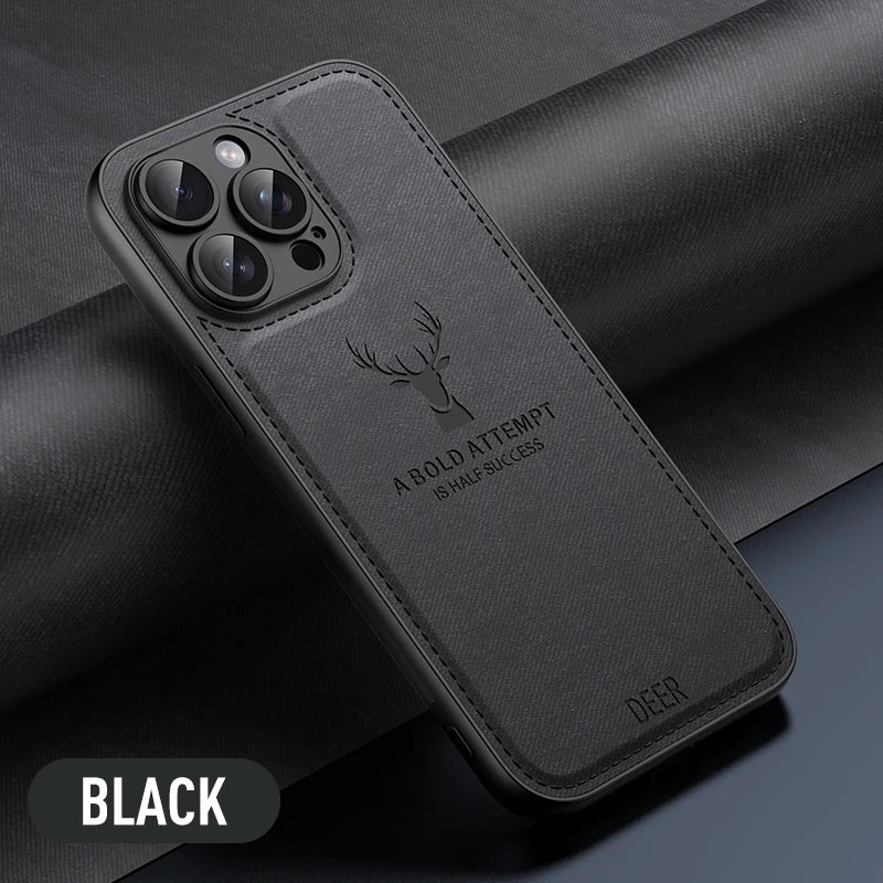Luxury Cloth Leather Deer Head Pattern Case for iphone 15 14 13 12 11 Pro X XR XS Max 16 Plus Shockproof Soft Back Shell Cover