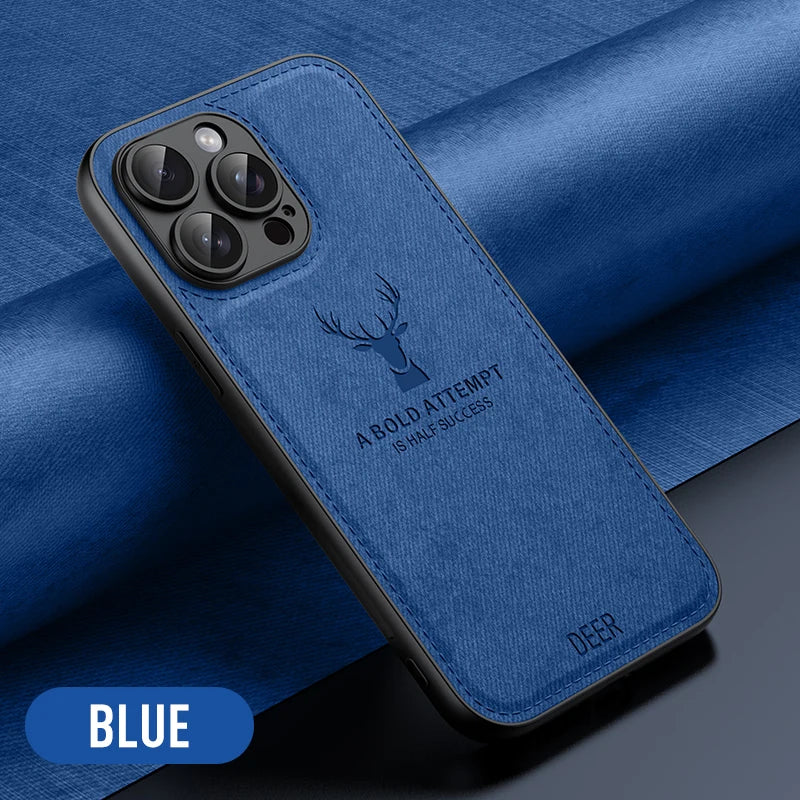 Luxury Cloth Leather Deer Head Pattern Case for iphone 15 14 13 12 11 Pro X XR XS Max 16 Plus Shockproof Soft Back Shell Cover