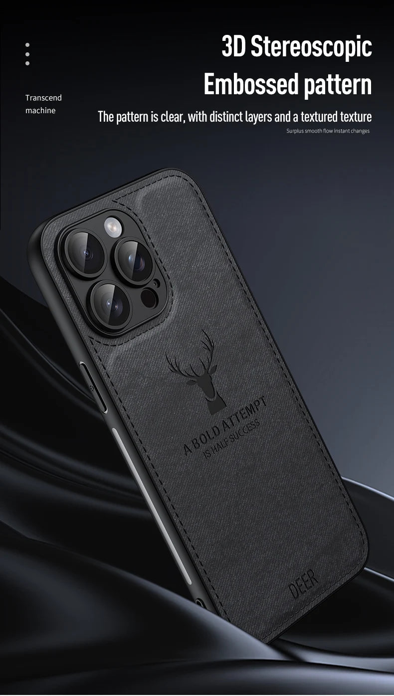 Luxury Cloth Leather Deer Head Pattern Case for iphone 15 14 13 12 11 Pro X XR XS Max 16 Plus Shockproof Soft Back Shell Cover